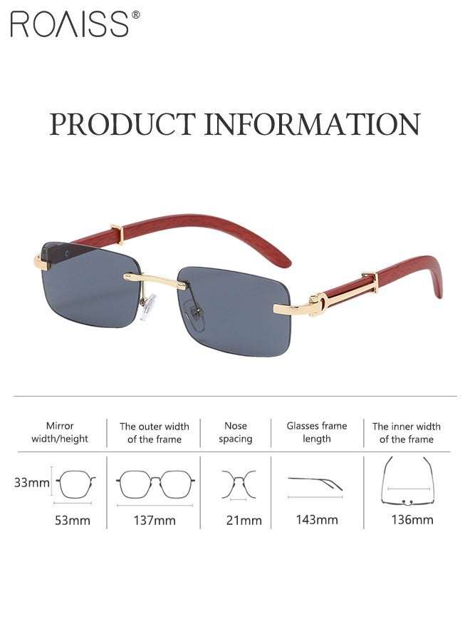 roaiss Women's Rectangular Rimless Sunglasses, UV400 Protection Sun Glasses with Wooden Texture Temples and Grey Lens, Fashion Anti-glare Sun Shades for Women with Glasses Case, 53mm  - Image 4