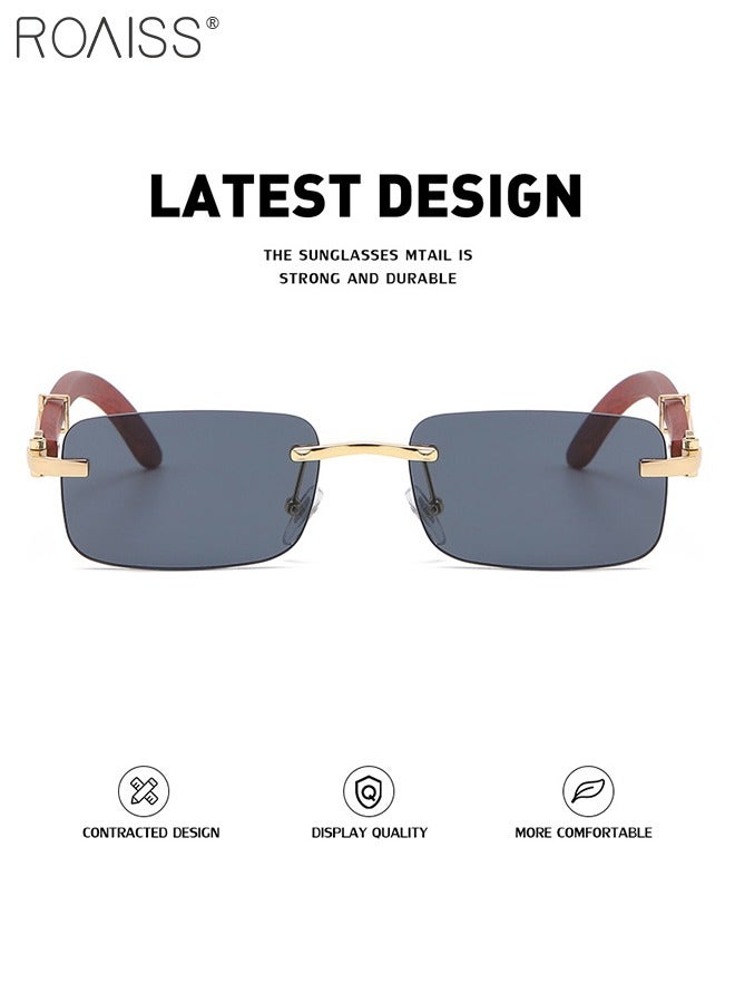 roaiss Women's Rectangular Rimless Sunglasses, UV400 Protection Sun Glasses with Wooden Texture Temples and Grey Lens, Fashion Anti-glare Sun Shades for Women with Glasses Case, 53mm  - Image 3