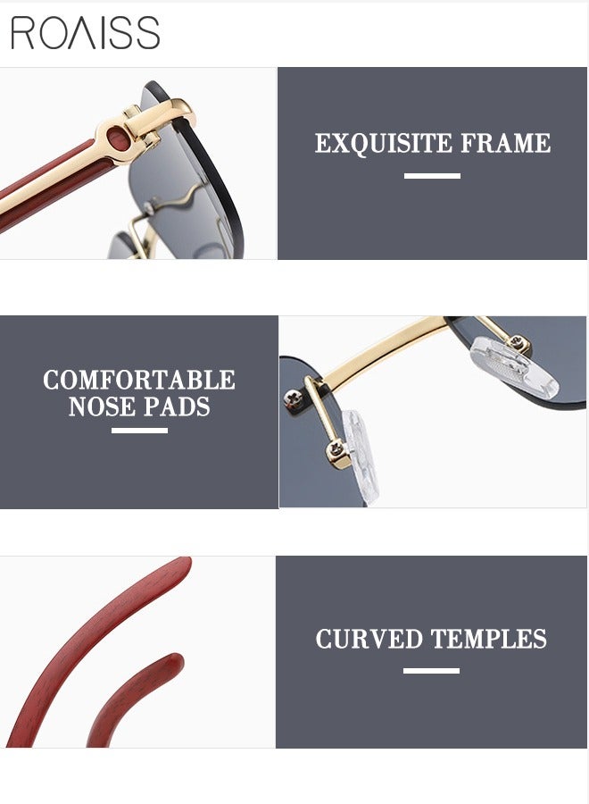roaiss Women's Rectangular Rimless Sunglasses, UV400 Protection Sun Glasses with Wooden Texture Temples and Grey Lens, Fashion Anti-glare Sun Shades for Women with Glasses Case, 53mm  - Image 5