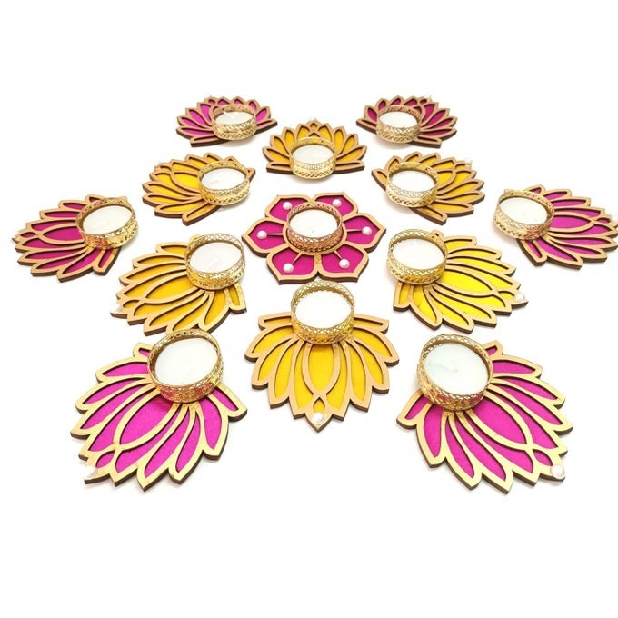 DECORATIVE LOTUS RANGOLI SET WITH TEALIGHT HOLDER AND TEALIGHT CANDLESFLOOR DECORATION FOR FESTIVAL DIWALI GANESH CHATURTHI LAXMI POOJA NEW YEAR 6 YELLOW 6 PINK PINK FLOWER
