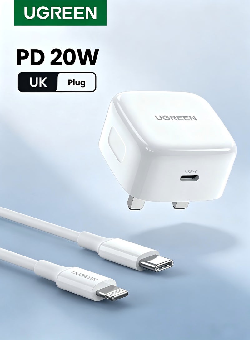 Ugreen USB C iPhone Charger with 1M Lightning Cable, Fast Charging Type-C Wall Plug Compatible with iPhone 14/14 Pro/14 Pro Max/14 Plus, 13/12/11/XS, iPad Mini 6/Pro – White White with Lightning cable - Image 1