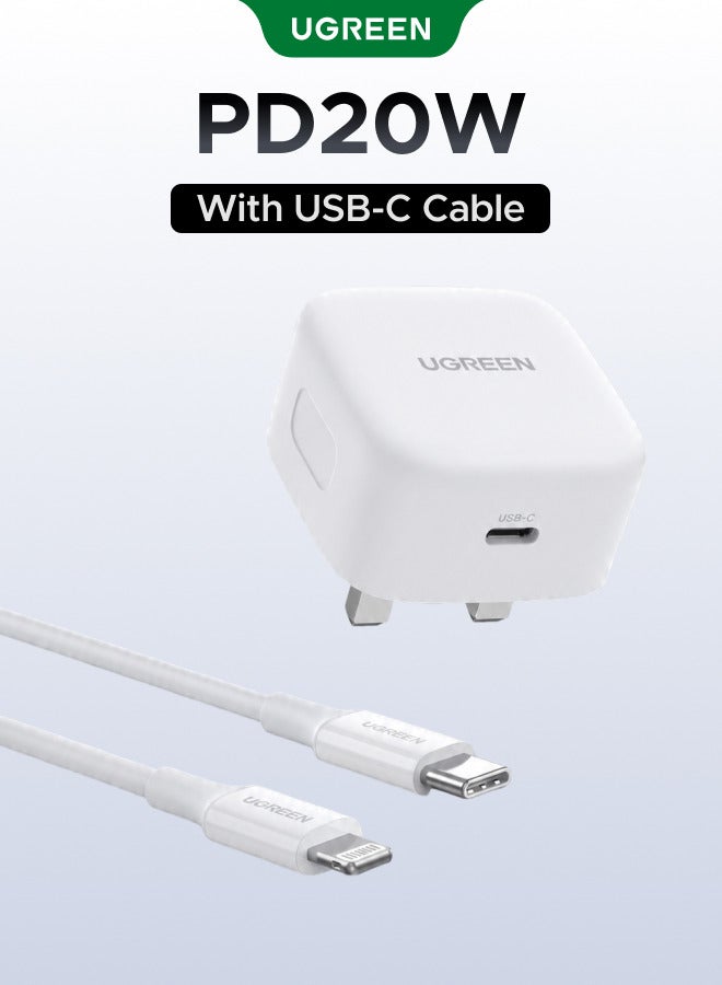 Ugreen USB C iPhone Charger with 1M Lightning Cable, Fast Charging Type-C Wall Plug Compatible with iPhone 14/14 Pro/14 Pro Max/14 Plus, 13/12/11/XS, iPad Mini 6/Pro – White White with Lightning cable - Image 1