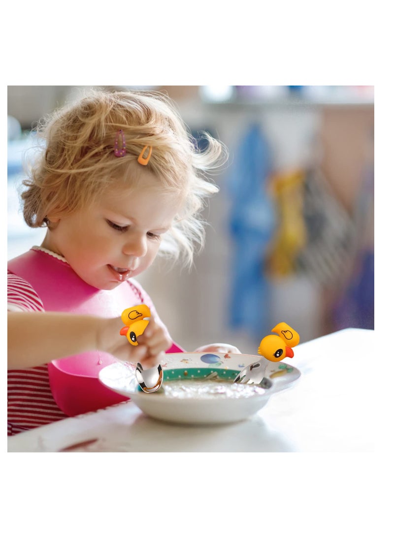 SYOSI Little Yellow Duck 2-Piece Cutlery Set - Reusable Children's Fork and Spoon, Child Size, Made of Food Safe Stainless Steel Metal and Silicone - Suitable for 12 Months and Above - Image 3