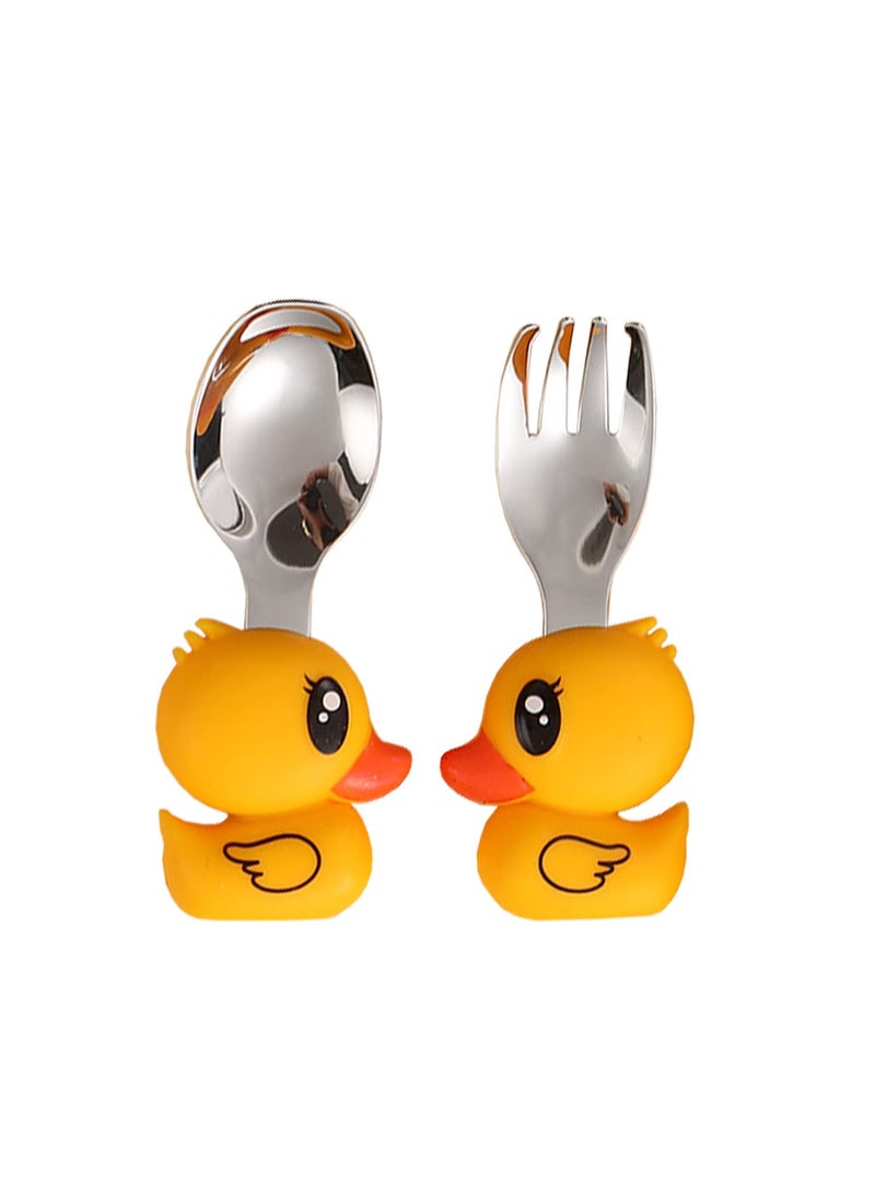 SYOSI Little Yellow Duck 2-Piece Cutlery Set - Reusable Children's Fork and Spoon, Child Size, Made of Food Safe Stainless Steel Metal and Silicone - Suitable for 12 Months and Above - Image 1