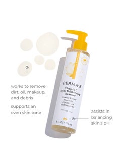 derma-e منظف فيتامين سي منظف يومي لتفتيح البشرة، غسول مرطب للوجه لتوحيد لون البشرة، منظف مرطب للوجه لتوهج متألق، 6 أونصة سائلة  - Image 3