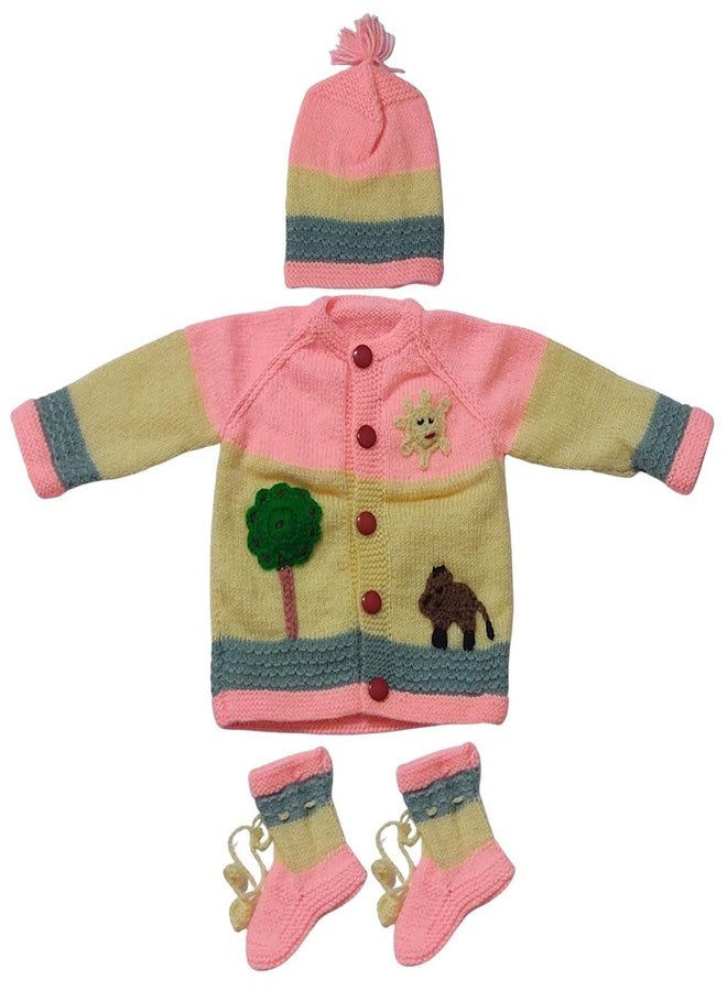 Cute Collection Handmade Woolen Sweater with Cap and Pair of Socks Set for Winter 0-6 Months Baby Boys & Girls and New Born Baby Multicolour - Image 1