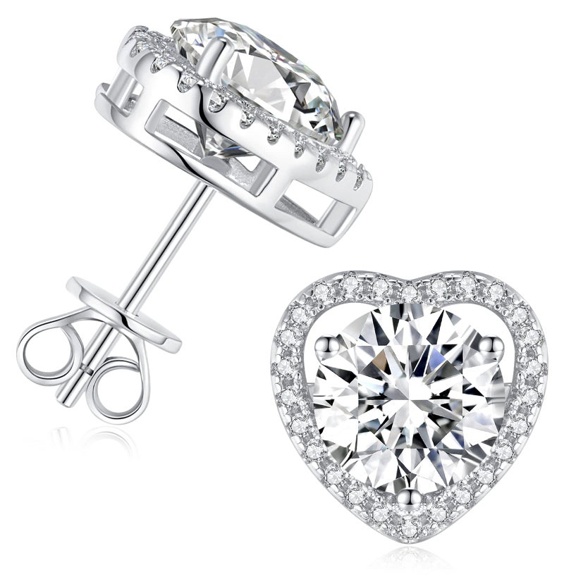 SecreTalk 1-4ct Moissanite Stud Earrings for Women - Halo Heart 925 Sterling Silver D Color Ideal Cut Earrings with Certificate of Authenticity (2CT) - Image 1