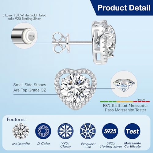 SecreTalk 1-4ct Moissanite Stud Earrings for Women - Halo Heart 925 Sterling Silver D Color Ideal Cut Earrings with Certificate of Authenticity (2CT) - Image 3