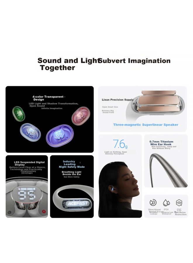 Acefast Speed Night Light Open Bluetooth Earphones Wireless Non-in-ear Sports Gaming Ear-hook New Comfortable Skin-friendly Fitness Sweat-proof Earphones - Hoarfrost Grey - Image 5