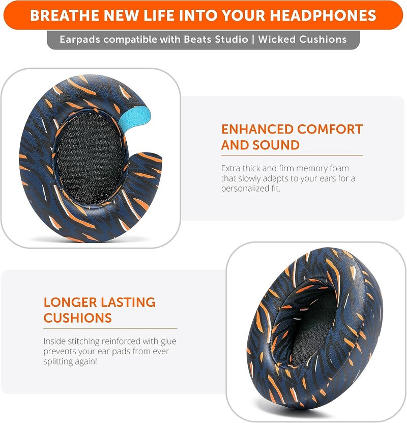 WC Wicked Cushions Replacement Ear Pads for Beats Studio 2 & 3 (B0501, B0500) Wired & Wireless | Does NOT Fit Beats Solo | Softer PU Leather, Enhanced Foam & Stronger Adhesive | Navy Tiger - Image 4