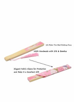 Y&D Folding Hand Fan Chinese/Japanese Vintage Retro Style Bamboo Wood Silk Fan with a Fabric Sleeve for Women Pink  - Image 5