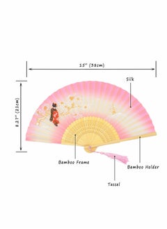 Y&D Folding Hand Fan Chinese/Japanese Vintage Retro Style Bamboo Wood Silk Fan with a Fabric Sleeve for Women Pink  - Image 4