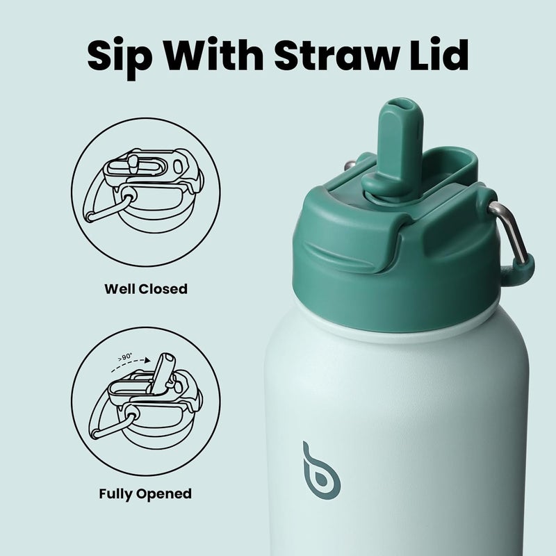 bottle bottle Insulated Stainless Steel Water Bottle 32oz capacity. Great for Sports, Travel & Gym. Includes Straw and Pill Box, Dual Use  - Green - Image 3