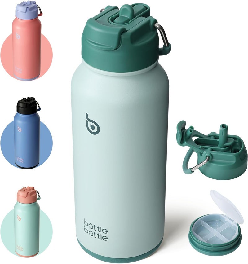 bottle bottle Insulated Stainless Steel Water Bottle 32oz capacity. Great for Sports, Travel & Gym. Includes Straw and Pill Box, Dual Use  - Green - Image 1