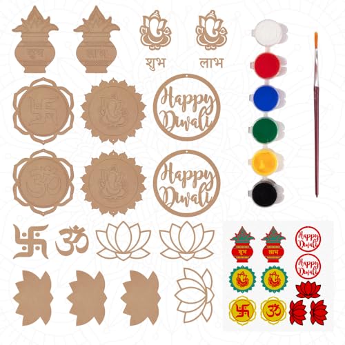 Printodelivery Crafts DIY Diwali Rangoli Painting Kit for Kids & Adults – MDF Wooden Cutouts with Color 6 Pcs, Swastik Om, Ganesha, Kalash, Lotus & Happy Diwali Designs, Home Decor & Gifting Kit Set of 1 - Image 1