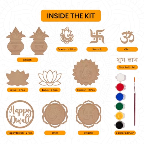 Printodelivery Crafts DIY Diwali Rangoli Painting Kit for Kids & Adults – MDF Wooden Cutouts with Color 6 Pcs, Swastik Om, Ganesha, Kalash, Lotus & Happy Diwali Designs, Home Decor & Gifting Kit Set of 1 - Image 4