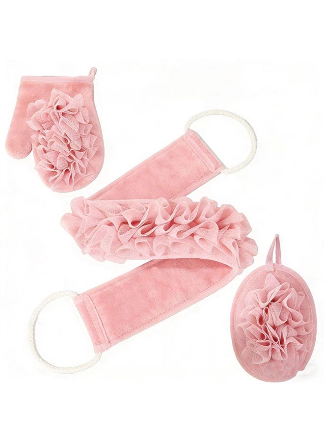 3pcs تقشير طبيعي Loofah اسفنج مرة أخرى مكرر للدش، لوفا تقشير الحمام حزام & الأسفنج وسائد & قفاز تقشير، حمام دش مكرر للرجال والنساء (الوردي) - Image 1