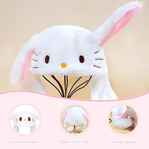 TecoKart® Plush Bunny Dancing Ears Cap - White Kawaii Bunny Ears Winter Hat for Girls, Rabbit Moving Ear Flaps and Press Paws, Plush Wool Winter Caps for Girls Kids - Image 4