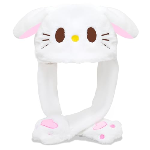 TecoKart® Plush Bunny Dancing Ears Cap - White Kawaii Bunny Ears Winter Hat for Girls, Rabbit Moving Ear Flaps and Press Paws, Plush Wool Winter Caps for Girls Kids - Image 1