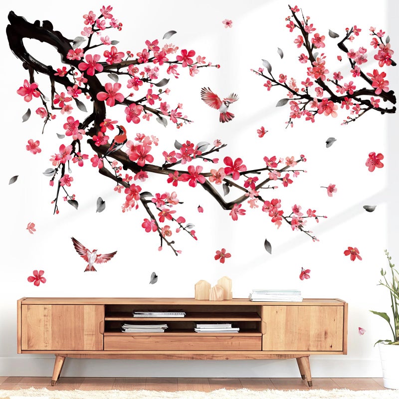 wondever Watercolor Plum Flower Tree Branch Wall Stickers Red Cherry Blossom Floral Birds Peel and Stick Wall Art Decals for Bedroom Living Room Sofa - Image 1