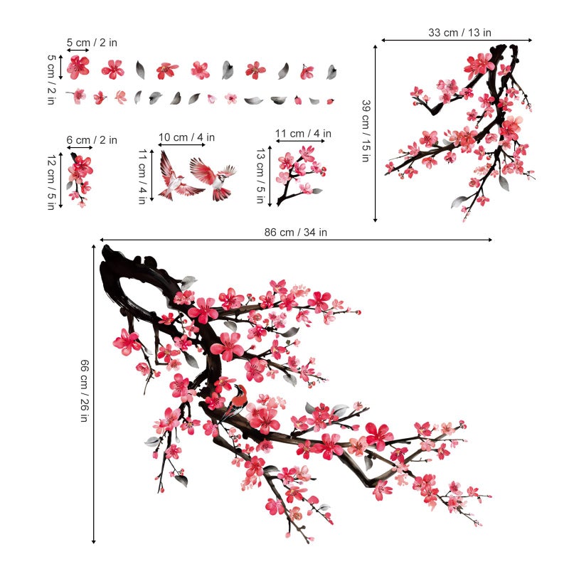 wondever Watercolor Plum Flower Tree Branch Wall Stickers Red Cherry Blossom Floral Birds Peel and Stick Wall Art Decals for Bedroom Living Room Sofa - Image 4