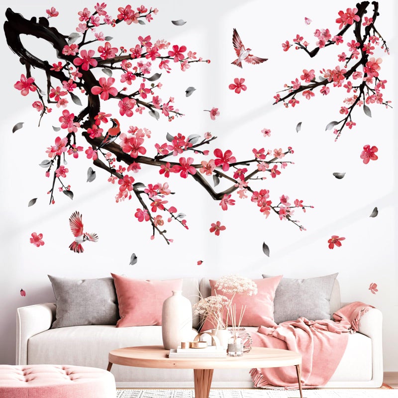 wondever Watercolor Plum Flower Tree Branch Wall Stickers Red Cherry Blossom Floral Birds Peel and Stick Wall Art Decals for Bedroom Living Room Sofa - Image 3