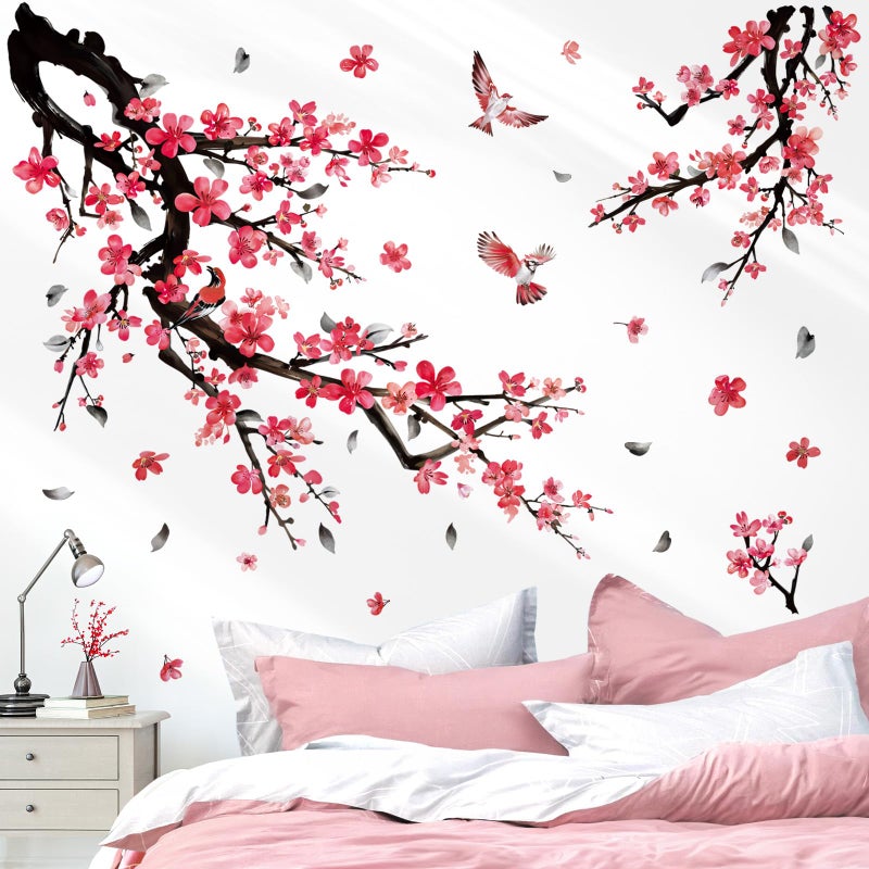 wondever Watercolor Plum Flower Tree Branch Wall Stickers Red Cherry Blossom Floral Birds Peel and Stick Wall Art Decals for Bedroom Living Room Sofa - Image 2