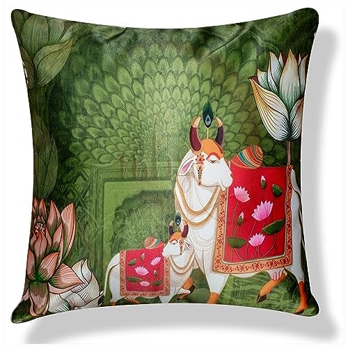 Vendola Decorative Satin Sofa Cushion Covers Set of 5, 12 inch x 12 inch, Ethic, Festive Sofa Pillow Cover, Beige, Blue and Green, Palace, Animal and Cow Design, Zipper Closure (Palace, 12X12 Inches) - Image 3