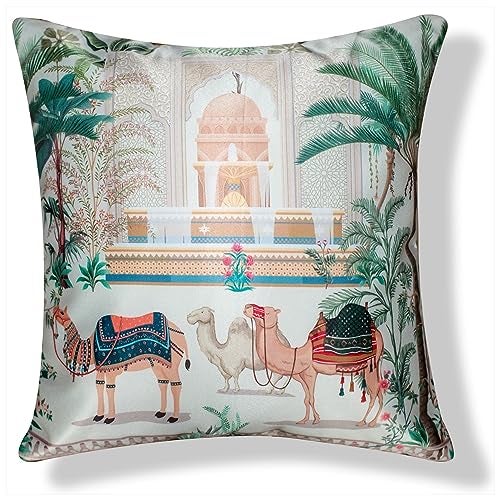 Vendola Decorative Satin Sofa Cushion Covers Set of 5, 12 inch x 12 inch, Ethic, Festive Sofa Pillow Cover, Beige, Blue and Green, Palace, Animal and Cow Design, Zipper Closure (Palace, 12X12 Inches) - Image 4