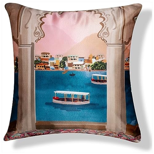 Vendola Decorative Satin Sofa Cushion Covers Set of 5, 12 inch x 12 inch, Ethic, Festive Sofa Pillow Cover, Beige, Blue and Green, Palace, Animal and Cow Design, Zipper Closure (Palace, 12X12 Inches) - Image 5