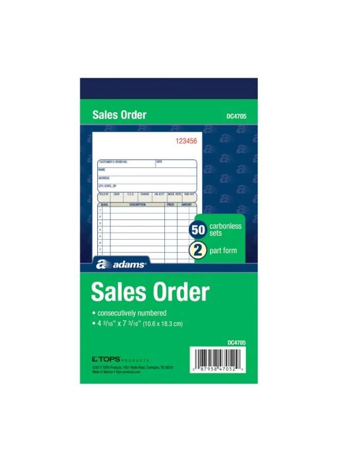 Adams Sales Order Book, 2-Part, Carbonless, White/Canary, 4-3/16 x 7-3/16 Inches, 50 Sets per Book (DC4705)