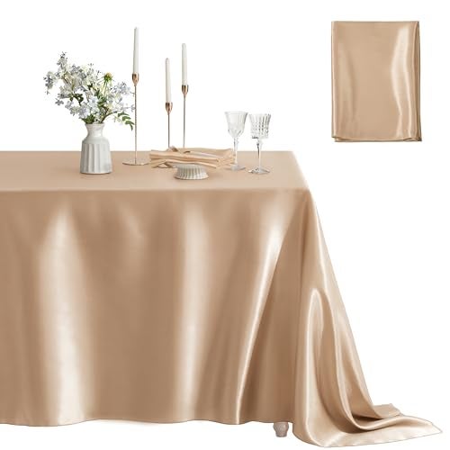 Counfeisly 1 Pack Satin Table Cover Rectangle Silkly Soft Table Cloth, Satin Dining Table Cloths for Wedding Banquet Table Decoration, Dining Room, Indoor and Outdoor Use, 60 x 84 Inches, Taupe - Image 1