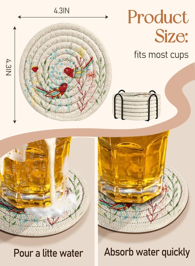 Kokaaee Drink Coasters Set of 6 - Cup Absorbent Coasters for Drinks Coffee Table Home Office Desk Decor Soft Woven Cotton Cloth Braided Fabric Drinking Cup Mat with Holder Cute Kawaii Bird - Image 4