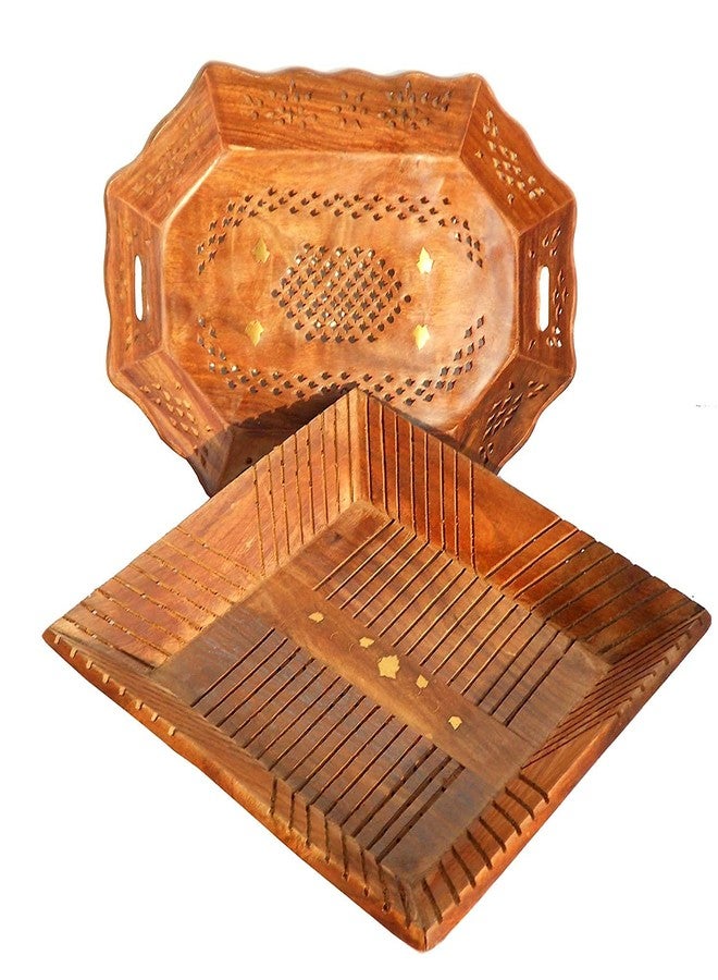 Giftoshopee Wooden Food Serving Hand Crafted Carved Tray for Breakfast, Lunch, Dinner Food Cart Kitchen Combo of 2 (Brown -14 x 9 x 1.5 Inch) - Image 1
