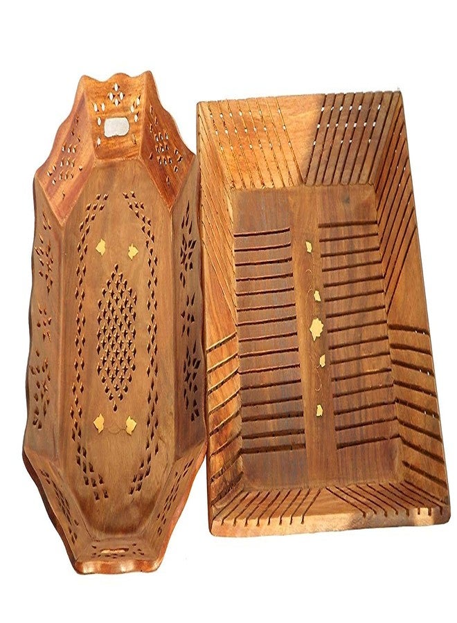 Giftoshopee Wooden Food Serving Hand Crafted Carved Tray for Breakfast, Lunch, Dinner Food Cart Kitchen Combo of 2 (Brown -14 x 9 x 1.5 Inch) - Image 2