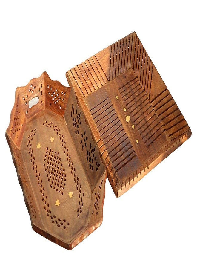 Giftoshopee Wooden Food Serving Hand Crafted Carved Tray for Breakfast, Lunch, Dinner Food Cart Kitchen Combo of 2 (Brown -14 x 9 x 1.5 Inch) - Image 3