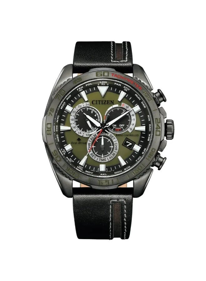 CITIZEN Promaster Eco-Drive Radio-Controlled Chronograph Men’s Watch CB5037-17X, 44.6 mm Green Dial, Black Leather Strap, 200 m WR - Image 2