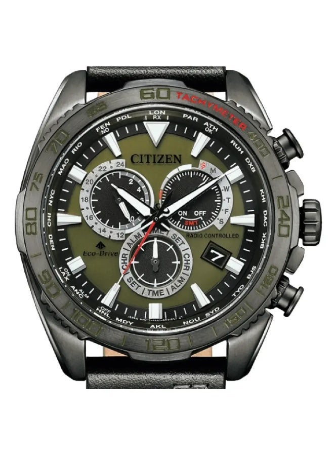 CITIZEN Promaster Eco-Drive Radio-Controlled Chronograph Men’s Watch CB5037-17X, 44.6 mm Green Dial, Black Leather Strap, 200 m WR - Image 3