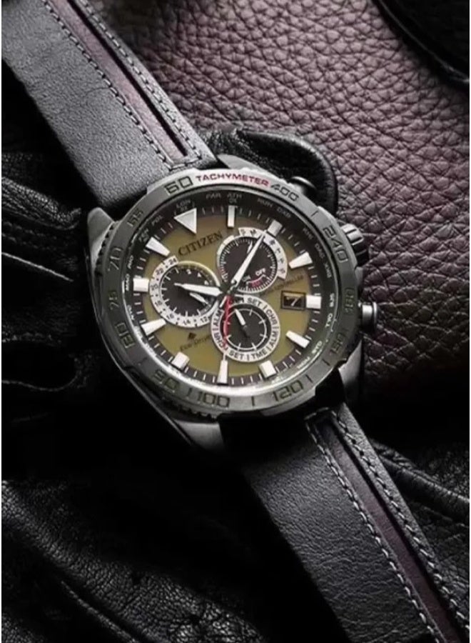 CITIZEN Promaster Eco-Drive Radio-Controlled Chronograph Men’s Watch CB5037-17X, 44.6 mm Green Dial, Black Leather Strap, 200 m WR - Image 1