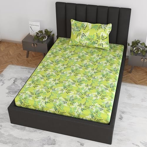 Divine Casa 144 TC 100% Cotton Floral Green Lightweight Single Bedsheet with Elastic Fitted - 198 x 90 CM - Image 2