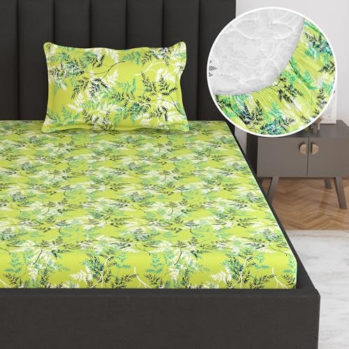 Divine Casa 144 TC 100% Cotton Floral Green Lightweight Single Bedsheet with Elastic Fitted - 198 x 90 CM - Image 1