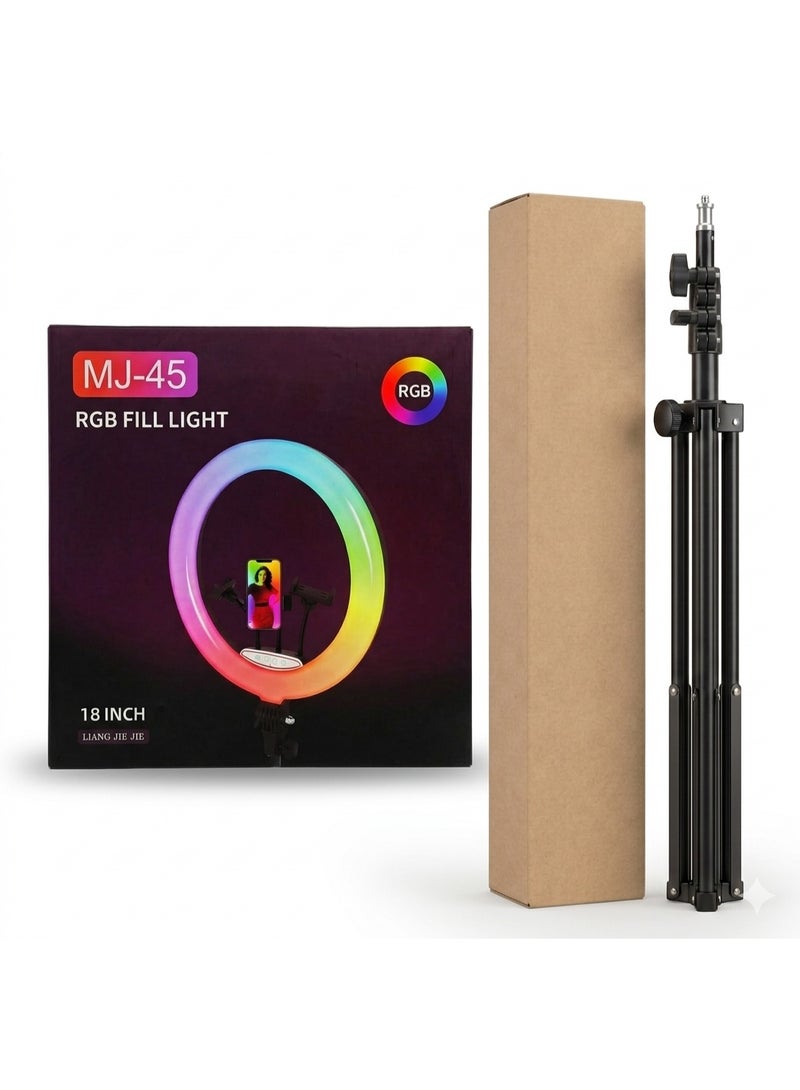 18-Inch RGB Professional LED Ring Light with Triple Phone Holders and Adjustable Tripod Stand for Live Streaming & Photography - Model MJ-45 - Image 1