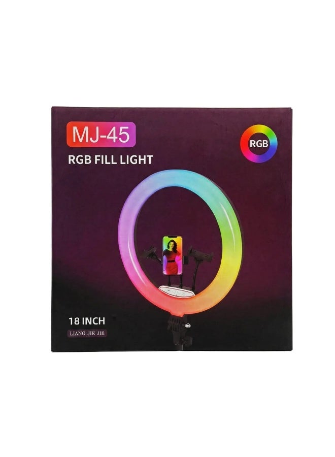 18-Inch RGB Professional LED Ring Light with Triple Phone Holders and Adjustable Tripod Stand for Live Streaming & Photography - Model MJ-45 - Image 5
