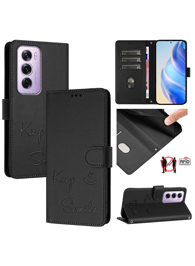 Zaboon For OPPO Reno12 Pro Global Smile Embossing RFID Leather Phone Case(Black)