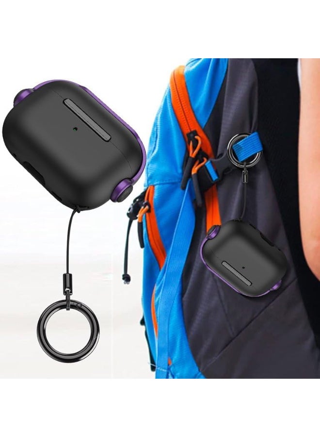 Protective Case for Airpods 4 Cover Shockproof, Wireless Charging Case with Safety Lock and Keychain, Anti-Fall Protective Cover (Black - Purple) - Image 2