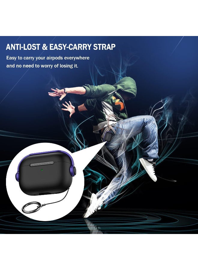 Protective Case for Airpods 4 Cover Shockproof, Wireless Charging Case with Safety Lock and Keychain, Anti-Fall Protective Cover (Black - Purple) - Image 4
