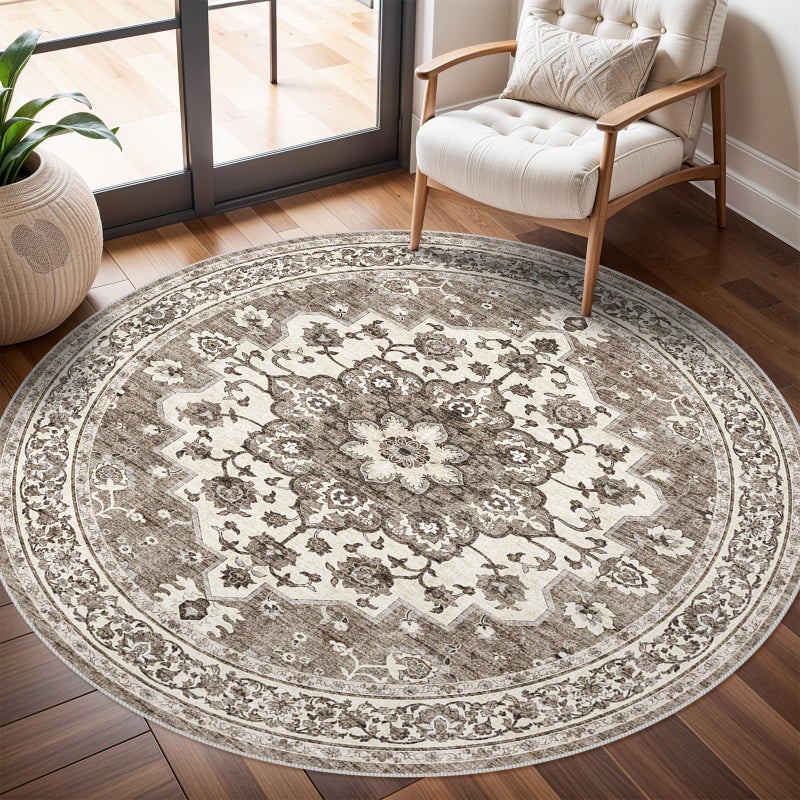 TOPRUUG Washable Oriental Area Rug - 6ft Round Rugs for Living Room Soft Carpet for Bedroom Waterproof Floral Distressed Indoor Stain Resistant Non-Shedding Floor Carpets (Beige, 6ft-Round) - Image 1