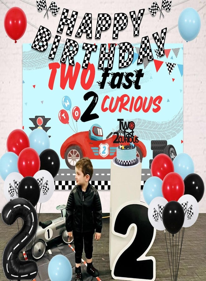 Cheereveal Two Fast 2 Curious Birthday Decorations - 2 Fast 2 Curious Backdrop Cake Topper, Happy Bday Checkered Flags Banner, Boys Second Birthday Party Supplies - Image 4