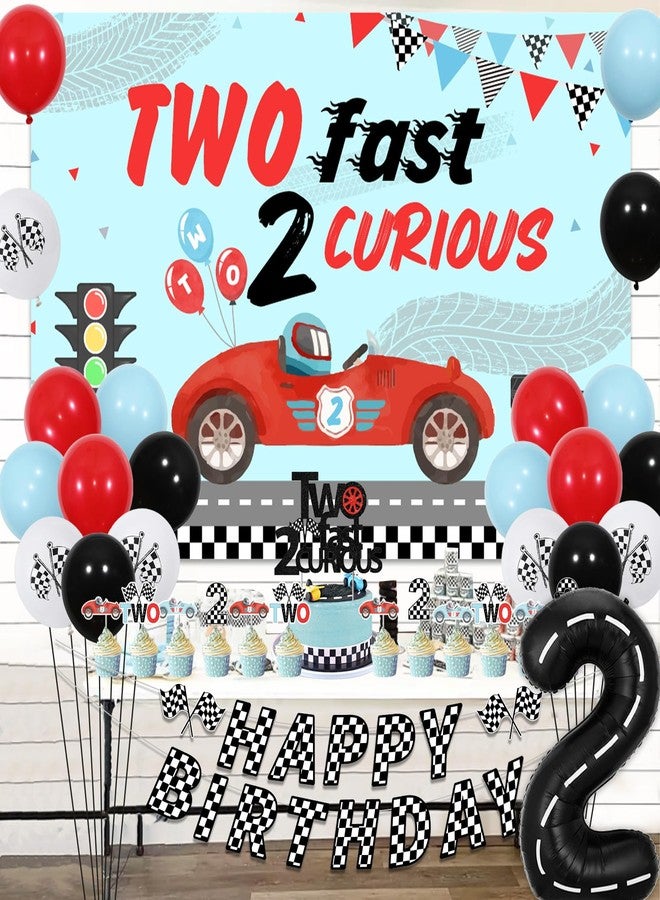 Cheereveal Two Fast 2 Curious Birthday Decorations - 2 Fast 2 Curious Backdrop Cake Topper, Happy Bday Checkered Flags Banner, Boys Second Birthday Party Supplies - Image 3