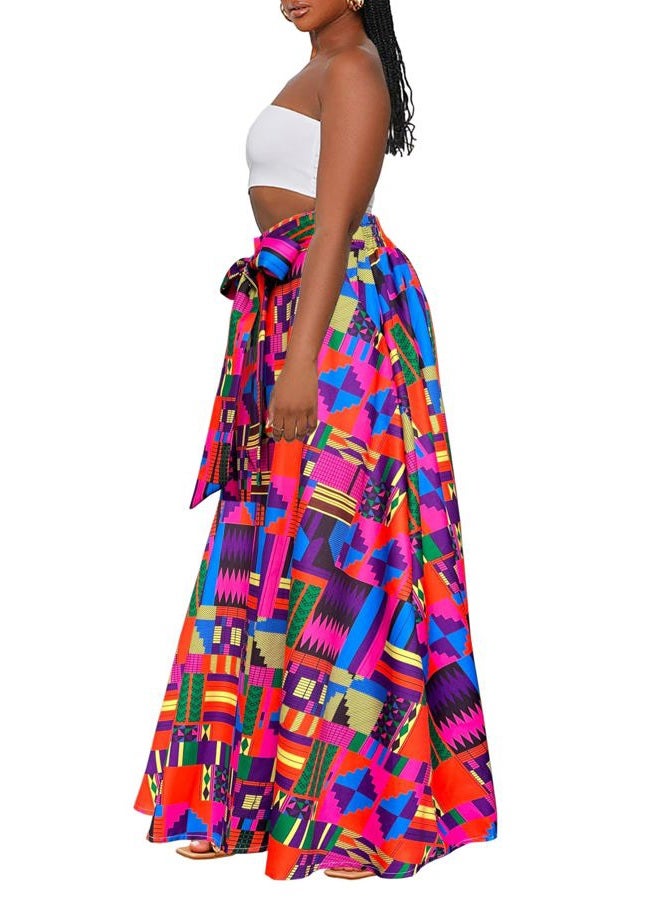 Afibi Womens Casual High Waist Tie Afican Print Long Maxi Skirt with Pockets, Purple, L - Image 4